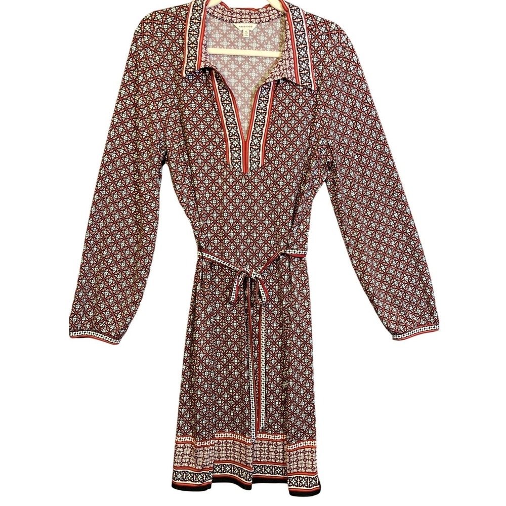 Max Studio Red Geometric Floral‎ Tile Print V-Neck Belted Dress Long Sleeve XL